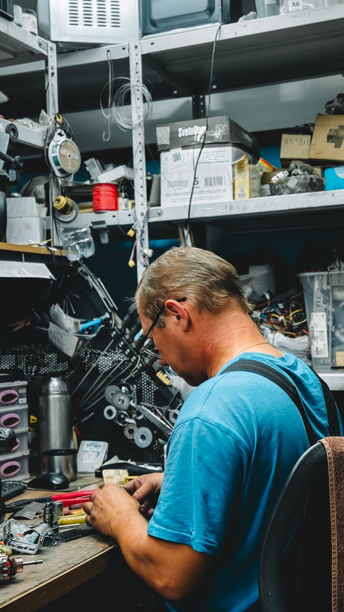 Adult male focused on repairing electronics in a cluttered workshop.
